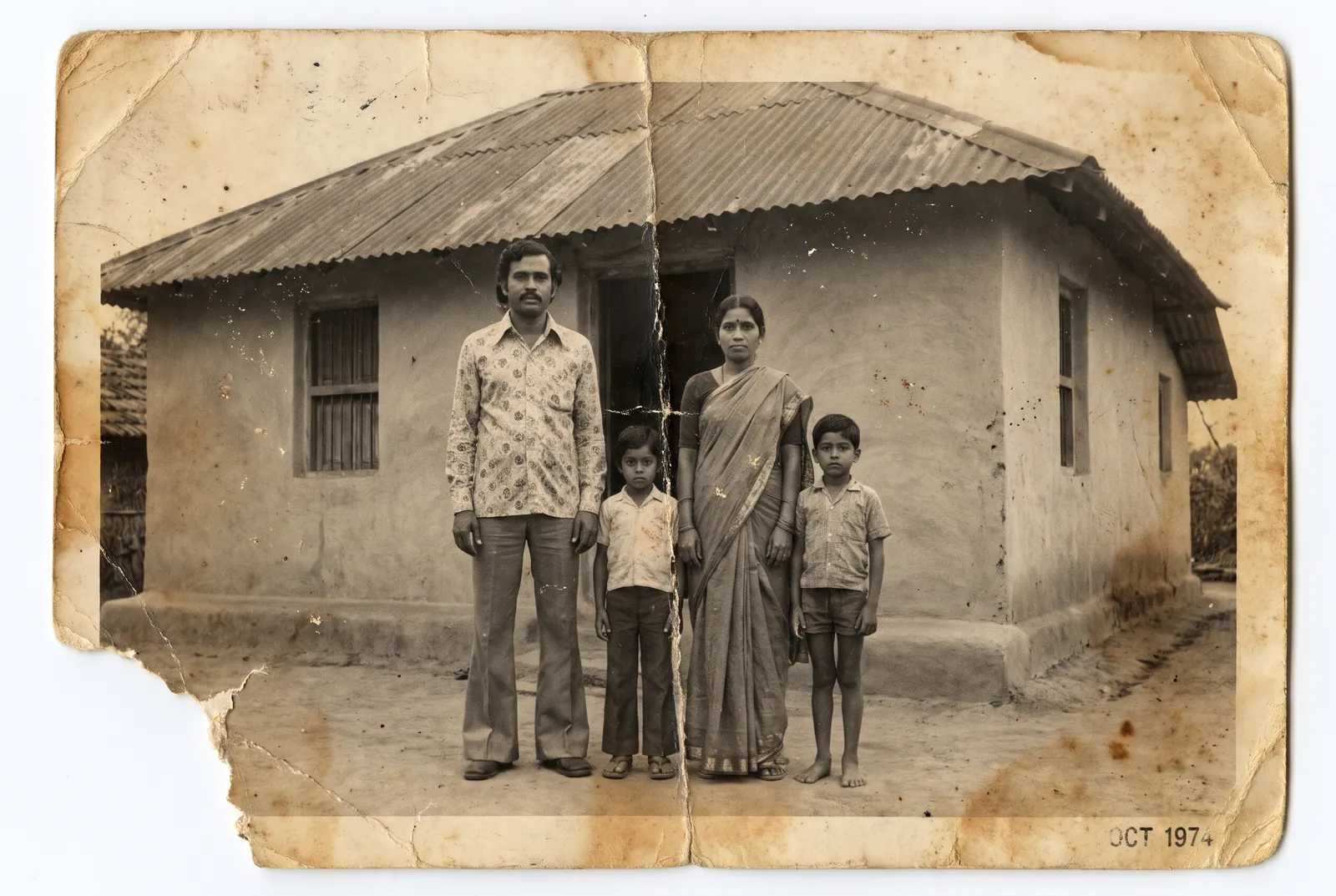Damaged 1974 family photograph, sepia, torn and scratched