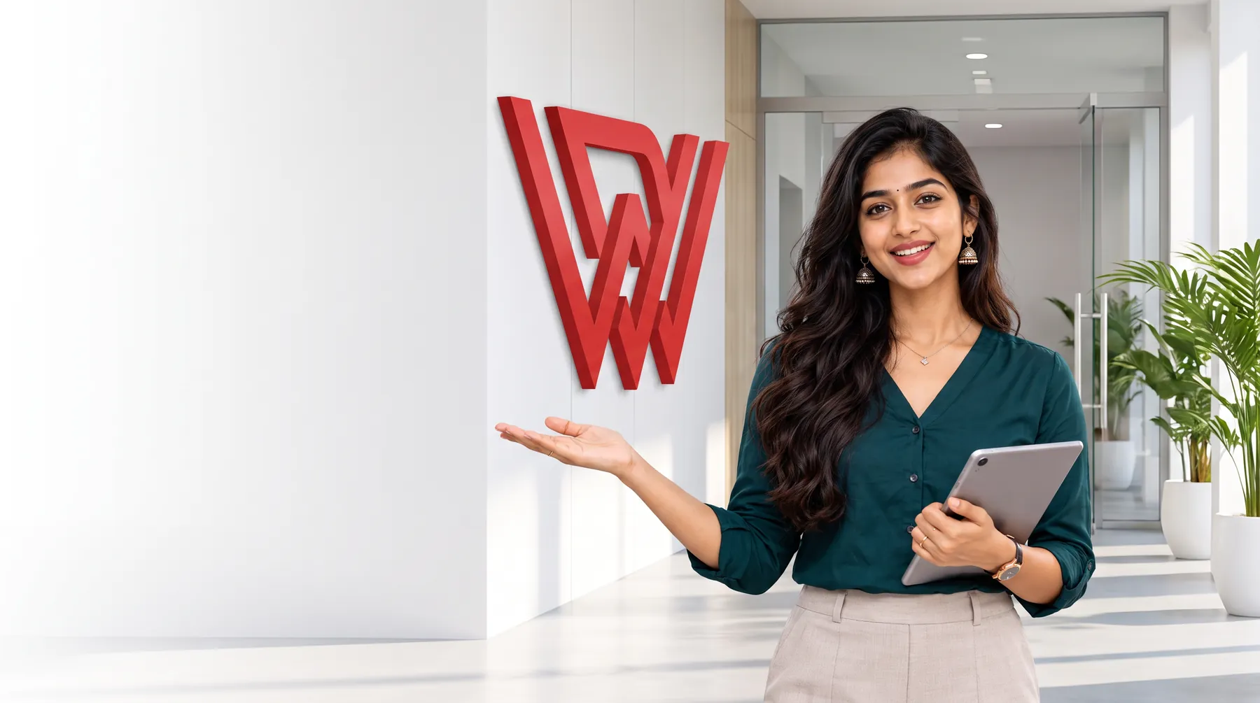 Vaishu, the studio's virtual guide, welcoming visitors beside the Vaishu Digital Works logo